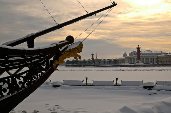 Подрядчики Комблага складируют снег на газонах и клумбах Васильевского острова